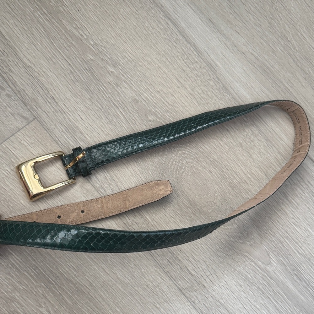 Dark Green Python Leather Textured Belt with Gold Buckle